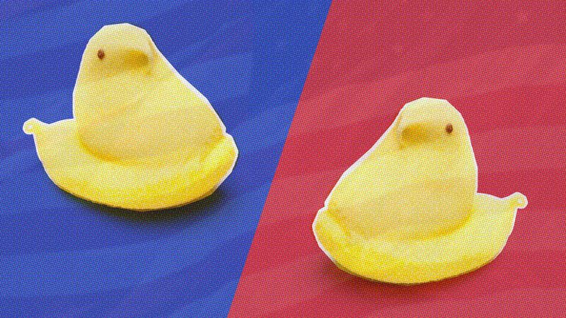 Illustration von zwei Marshmallow-Blicken auf einem roten und blauen Hintergrund