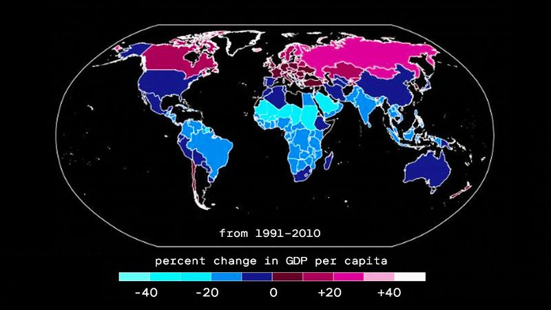 Image de la carte montrant la variation en pourcentage du PIB par habitant de 1991 à 2010