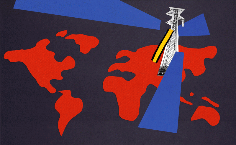 Illustration conceptuelle montrant une carte du monde et une grille de transmission animée
