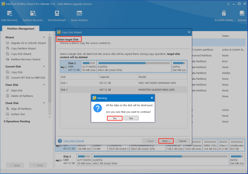scegli il disco di destinazione e conferma l'operazione in Partition Magic