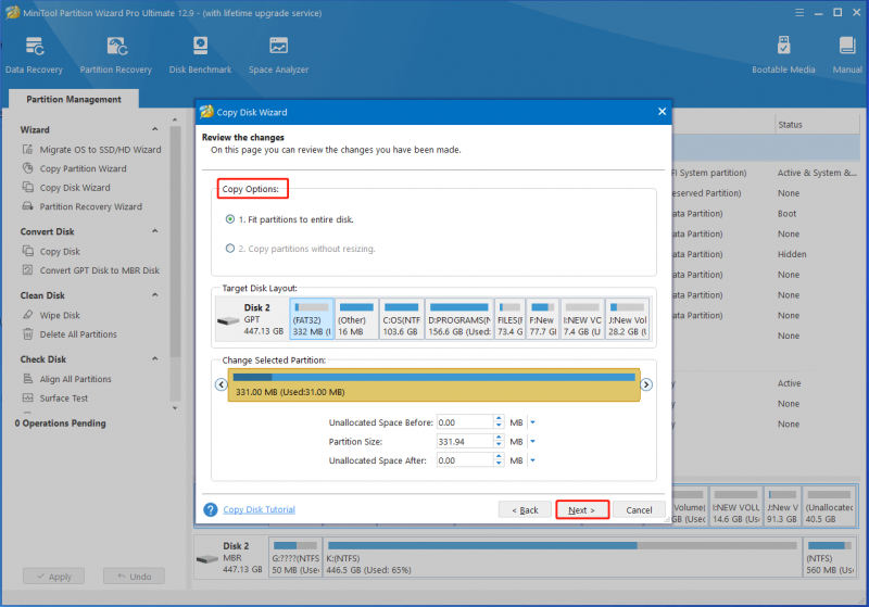 scegli le opzioni di copia in Partition Magic