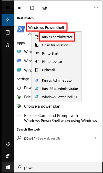 køre Windows PowerShell som administrator fra søgefeltet