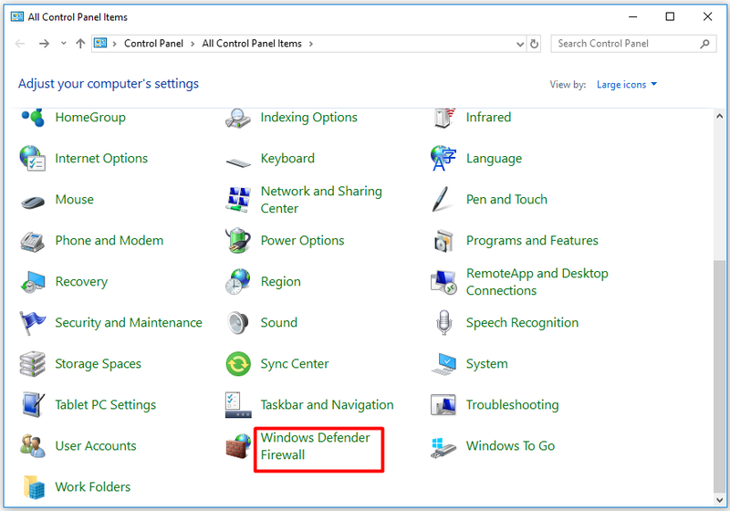 klik på Windows Defender Firewall