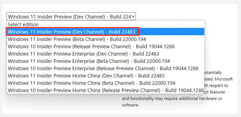 vælg Windows 11 Insider Preview build 22483