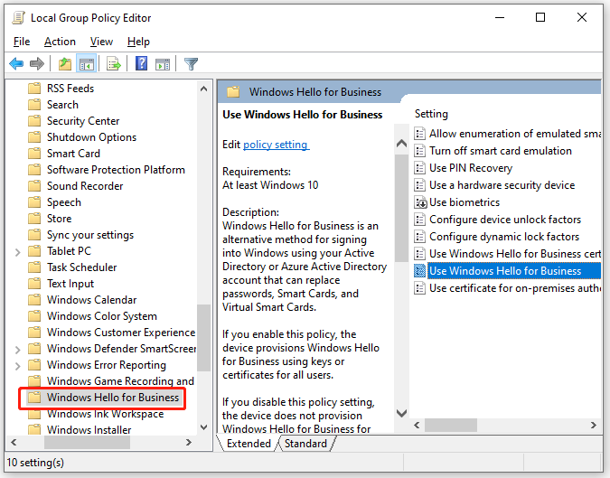 gå til Windows Hello for Business i Policy Editor