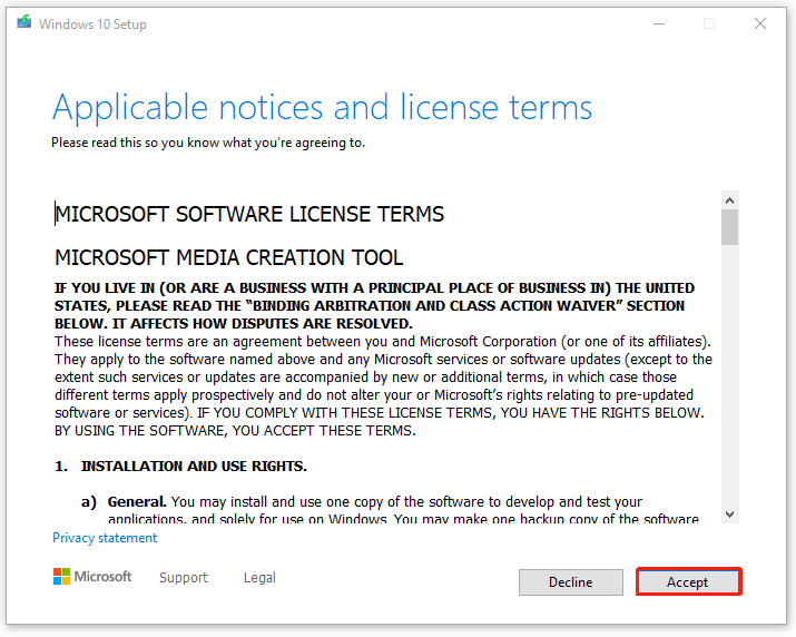 щракнете върху Приемам в екрана за настройка на Windows 10