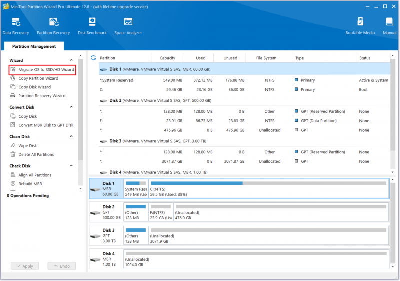   klik på Migrate OS to SSD/HD Wizard-funktionen for at migrere en disk i denne site Partition Wizard