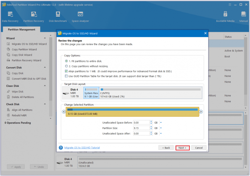   vælg en kopimulighed i denne side Partition Wizard