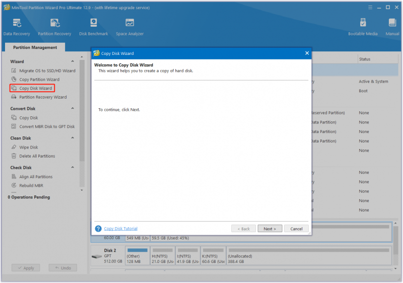 kopieer de schijf met deze site Partition Wizard