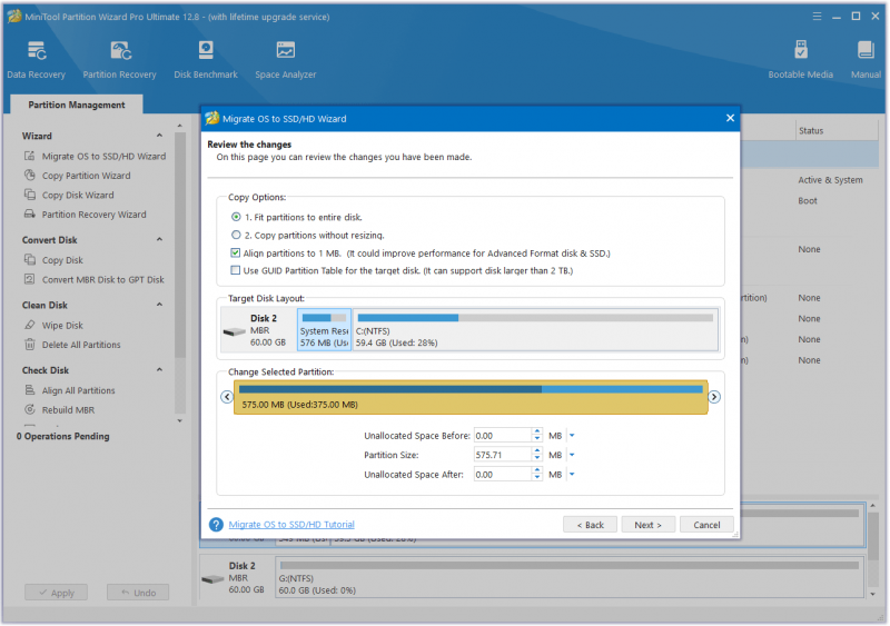   seleziona le opzioni di copia e configura il layout del disco