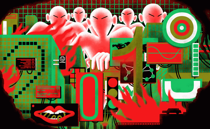 Illustration conceptuelle montrant des chiffres qui représentent les menaces de cybersécurité derrière des écrans représentant les différentes menaces.