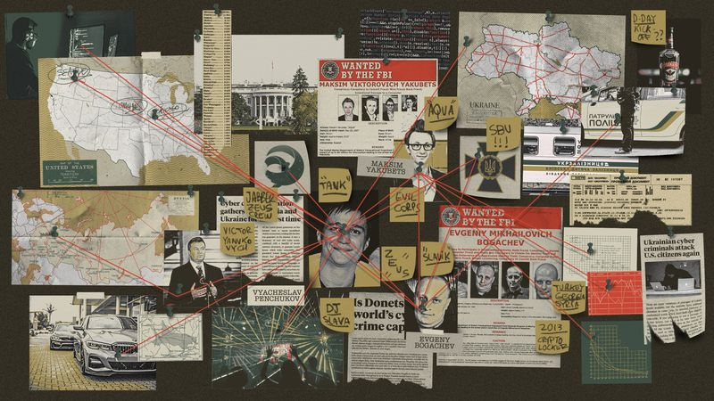 illustration conceptuelle montrant un tableau des preuves de la police faisant référence à diverses personnes, lieux et choses dans l
