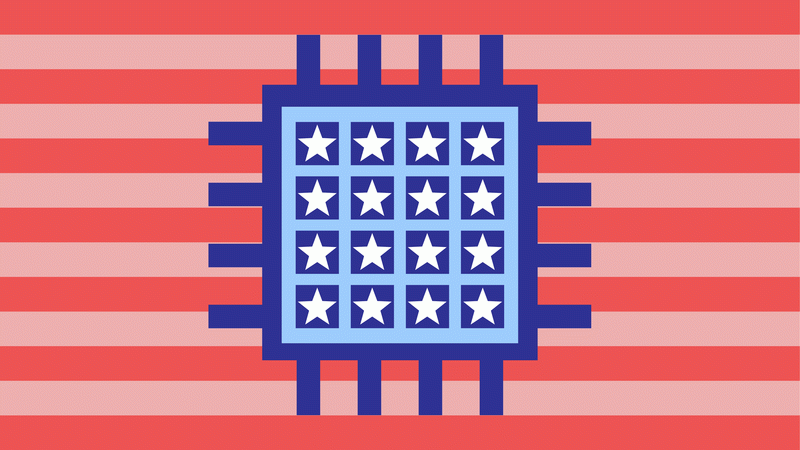 Illustration eines rot gestreiften Musters unter einem blauen Computerchip, der mit weißen fünfzackigen Sternen gefüllt ist.