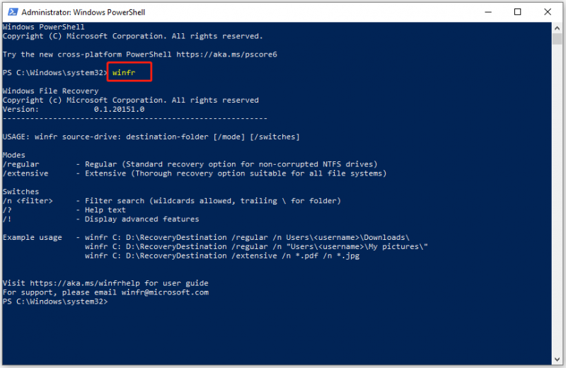 start Windows File Recovery via Windows PowerShell (Admin)