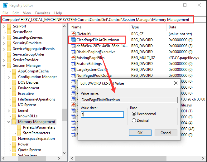 modificar la entrada ClearpageFileAtShutdown