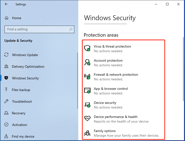Valgmuligheder i Windows Security