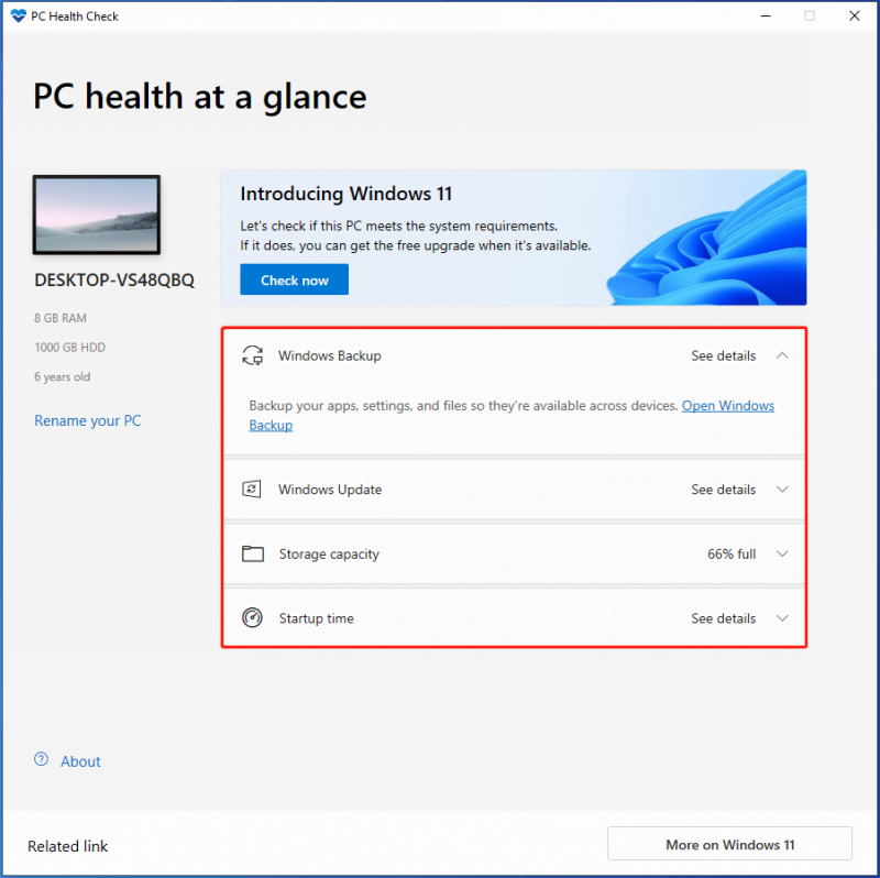 Hovedgrænseflade for pc -sundhedskontrol