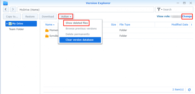 Seleziona Mostra file eliminati