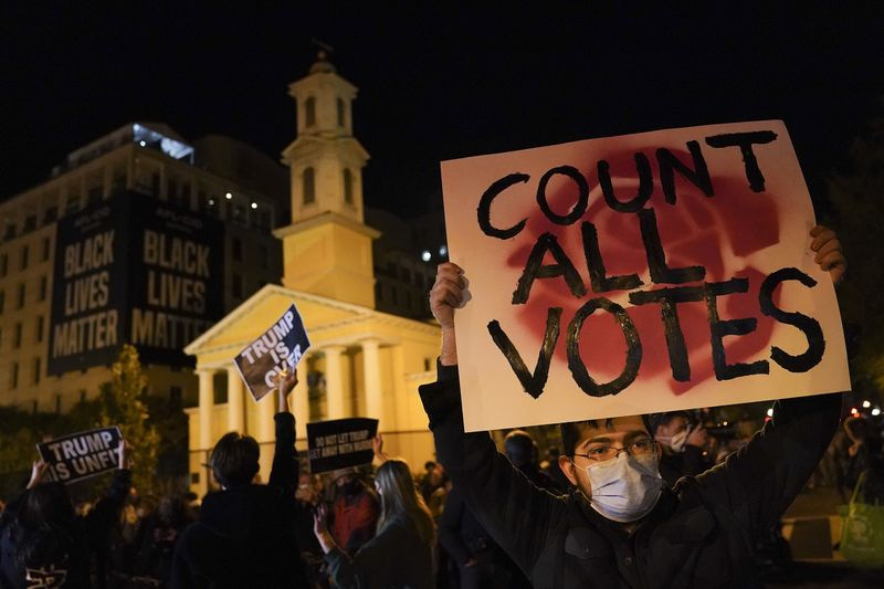 Demonstrant zvedne ceduli při čekání na výsledky voleb na náměstí Black Lives Matter Plaza, úterý 3. listopadu 2020, ve Washingtonu. (AP Photo/John Minchillo)