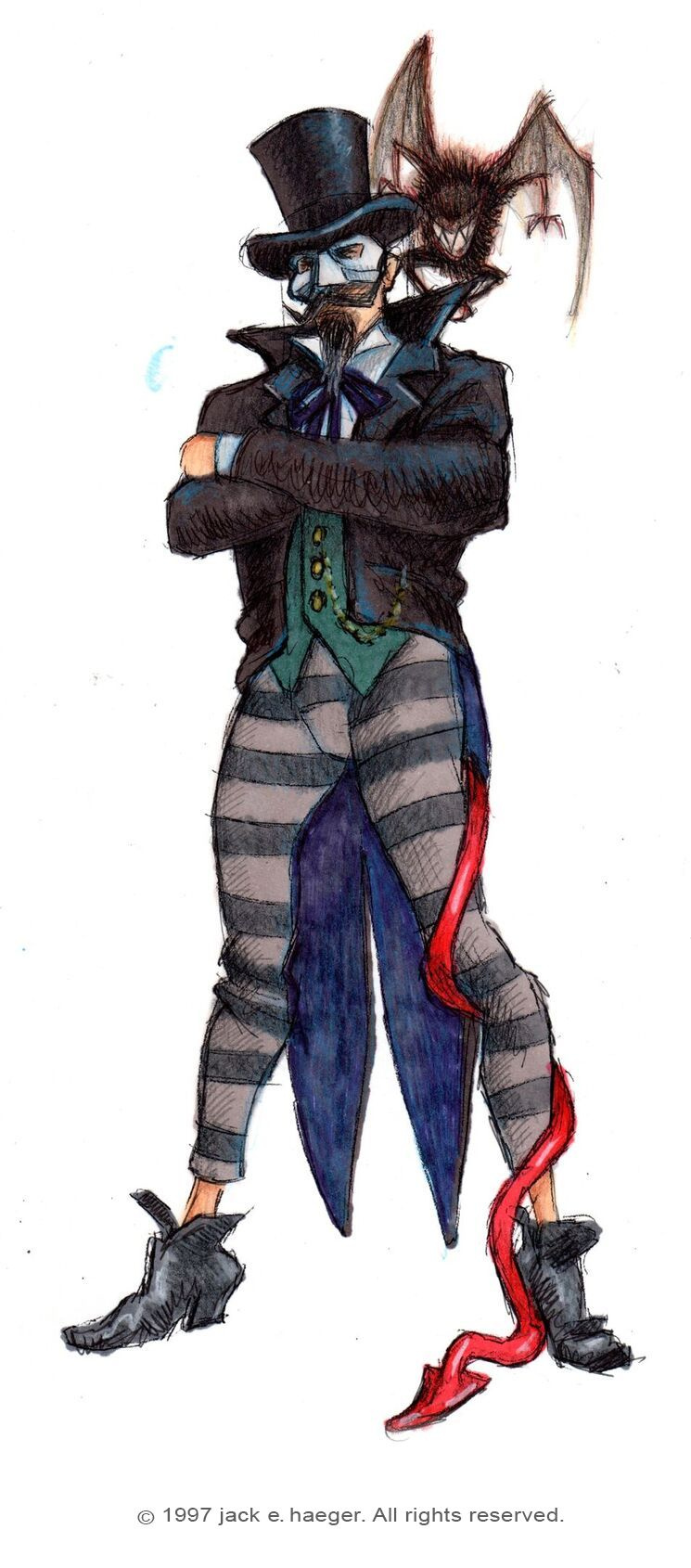 Concept art di Tokkentakker con un pipistrello familiare e un abbigliamento più fantasioso.