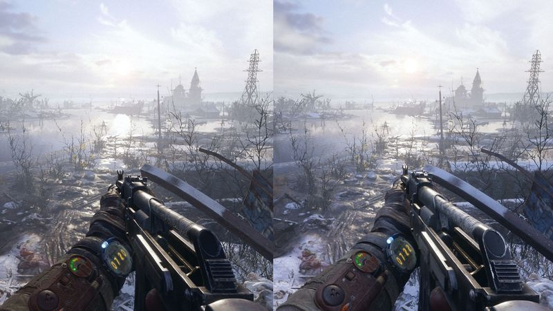 Strålspårning i Metro Exodus; aktiverat i den högra bilden, det