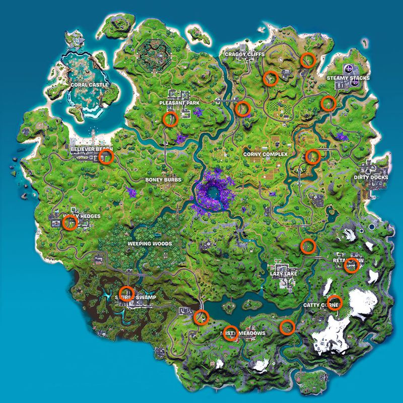 Mappa delle posizioni delle fermate degli autobus di Fortnite