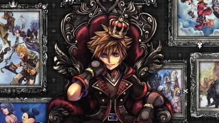Sora zit op een troon voor kunst uit de Kingdom Hearts-serie