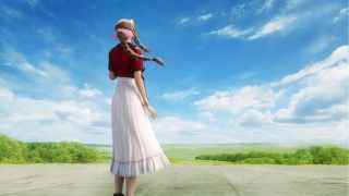 Aerith staart in een verre blauwe lucht in deze Final Fantasy 7 Remake screenshot
