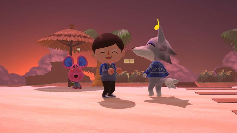 Animal Crossing New Horizons Happy Home Paradise fang bezoekend dansen op het strand