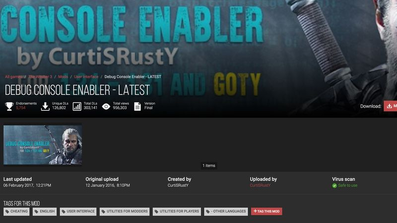 The Witcher 3 Debug Console Enabler