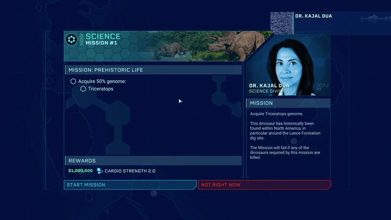 En oppdragsskjerm for Science-grenen i Jurassic World Evolution