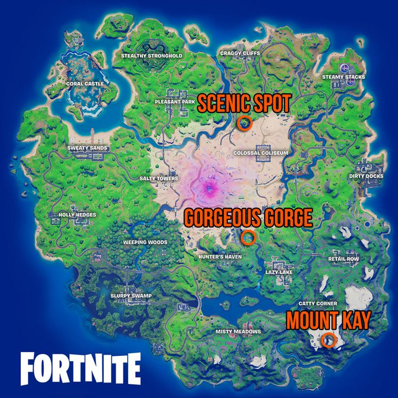 Platskarta över Fortnite Scenic Spot, Gorgeous Gorge och Mount Kay