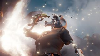 Ein Skelett in Sea of ​​Thieves versucht, eine Banane zu essen, obwohl es keinen Magen-Darm-Trakt hat.