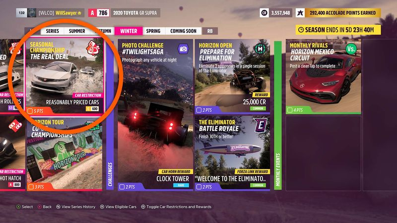 Forza Horizon 5 the real deal rimligt prissatt bil säsongsmästerskap festival spellista sida