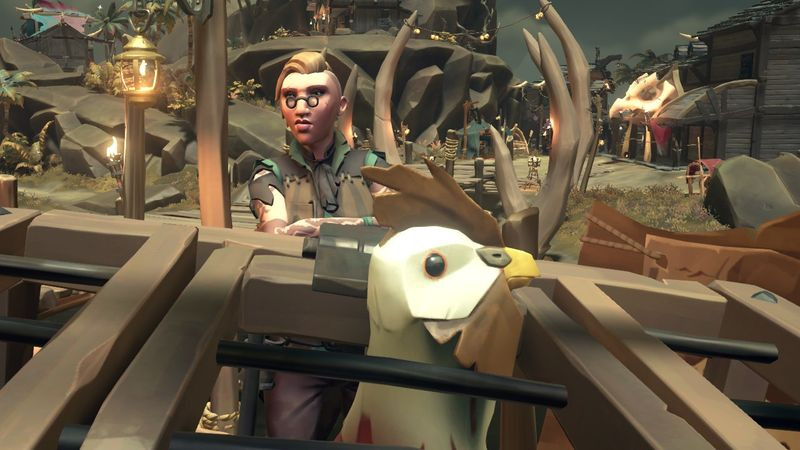 Ein Pirat, ein Huhn und ein Händler hängen in Sea of Thieves herum. Dies ist n