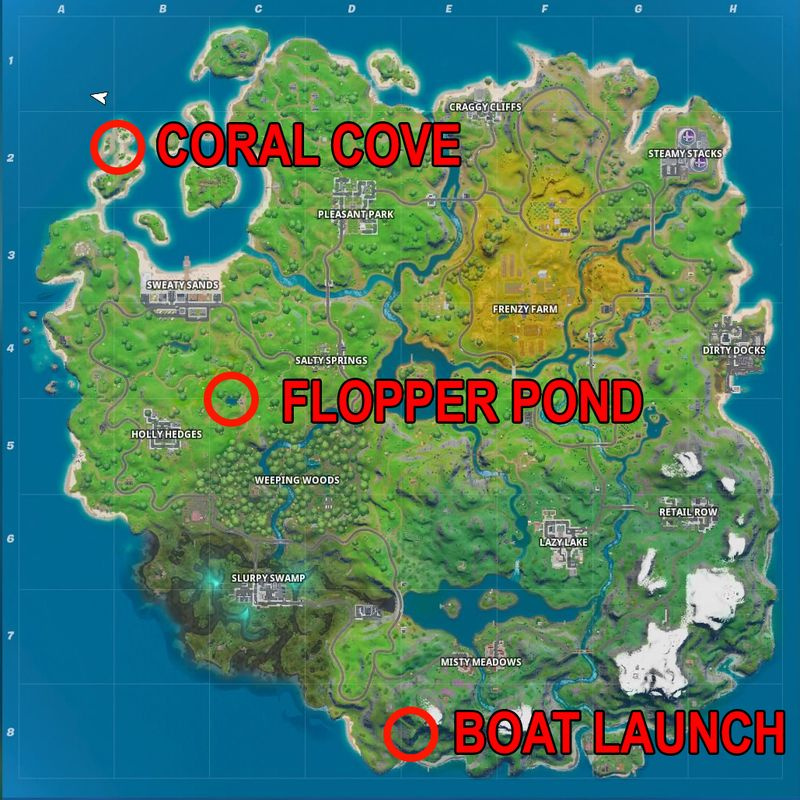 Posizioni di Fortnite Boat Launch, Coral Cove, Flopper Pond