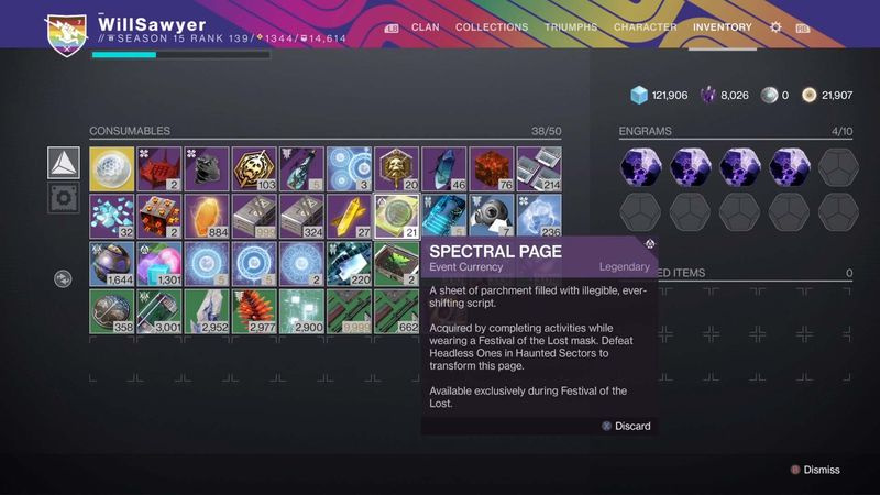 Destiny 2 Festival of the Lost spektrala sidor i lager av förbrukningsvaror