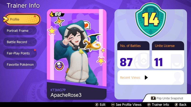 Trænerskærme fra Pokemon Unite på Nintendo Switch