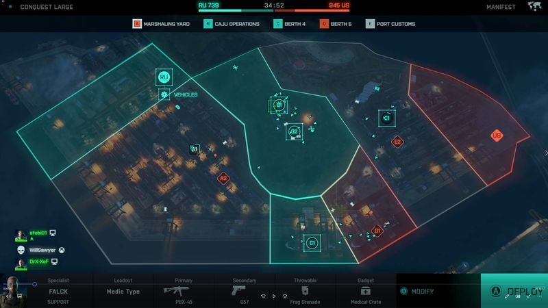 Battlefield 2042 nella schermata della mappa di distribuzione del gioco scegliendo il personaggio specialista