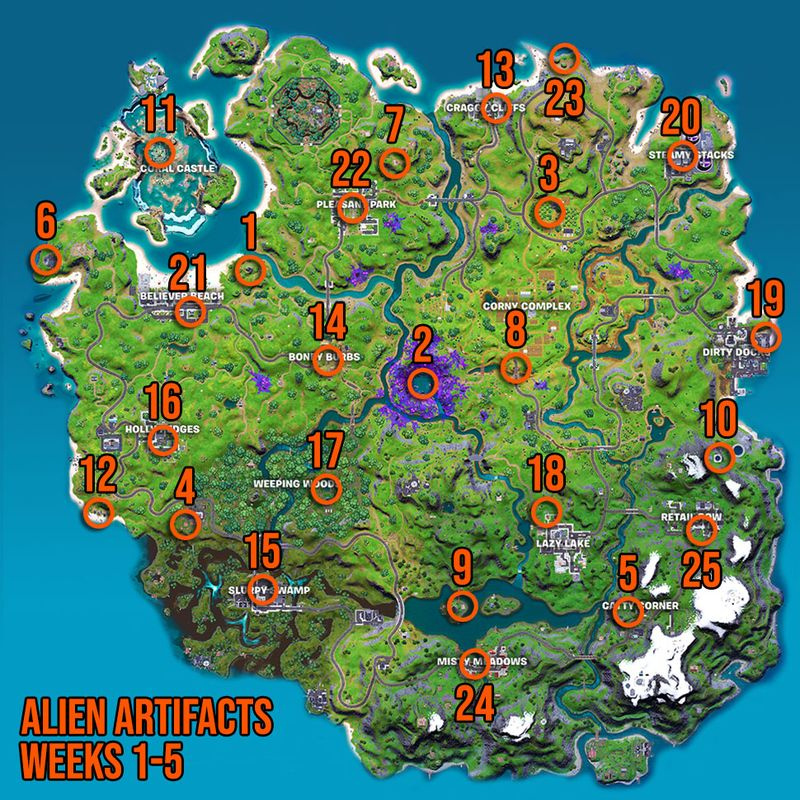 Fortnite Alien Artifacts-plasseringer uke 1-5 kart