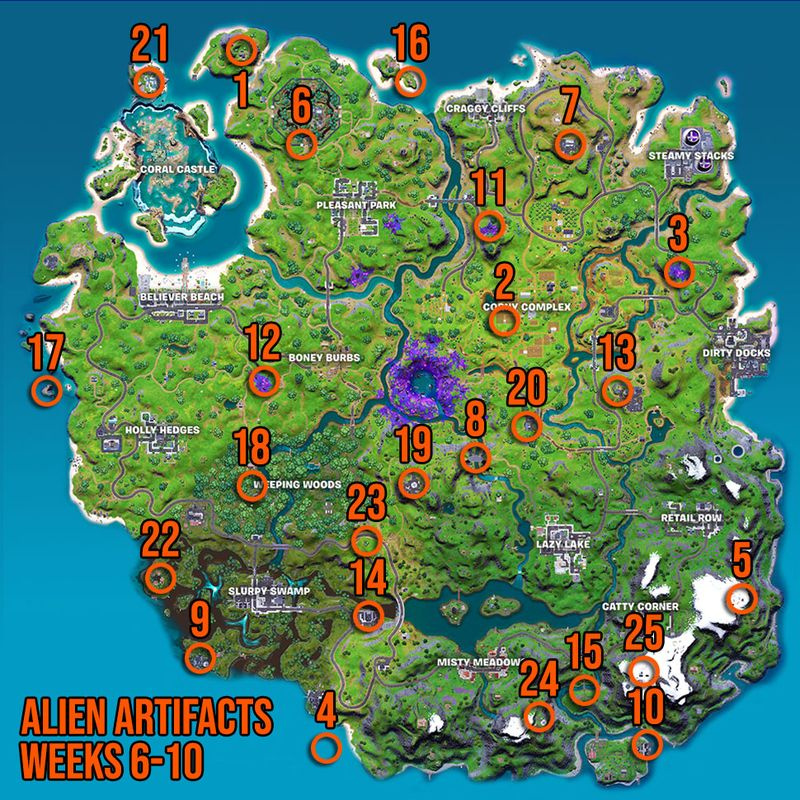 Fortnite Alien Artifacts-plasseringer uke 6-10 kart