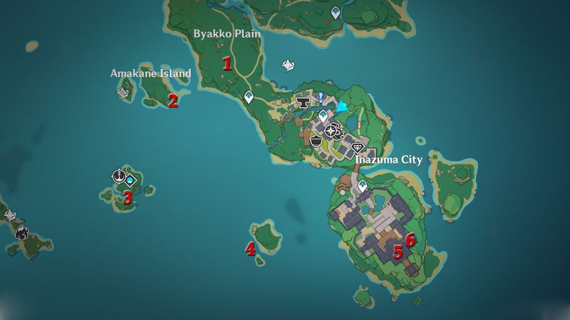 Genshin Impact Electroculus platser Narukami Island Inazuma City