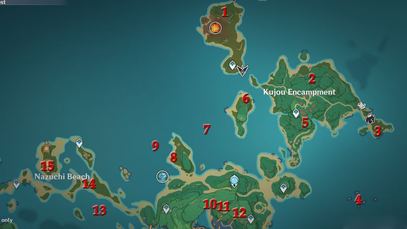 Genshin Impact Electroculus platser Kannazuka Island norr