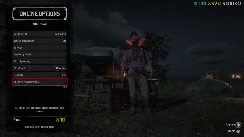 Red Dead Online muuttaa ulkonäköä valikossa