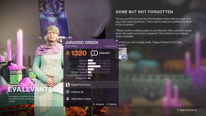 Destiny 2 -festivaali kadonneesta 2021 Jurassic Green -pulssikiväärin palkinnosta Eva Levante -tehtävältä