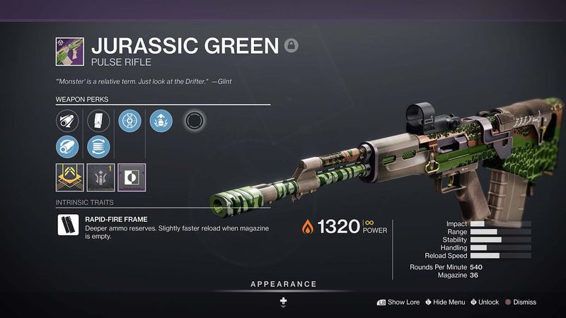 Destiny 2 -festivaali kadonneesta 2021 Jurassic Green pulssikiväärin tarkastusnäytön eduista