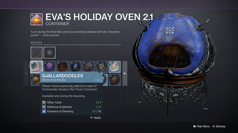 Destiny 2 Dawning 2021 Holiday Oven 2.1 receptlista
