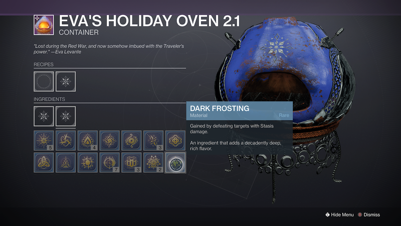 Destiny 2 Dawning 2021 Holiday Oven 2.1 ingredienslista