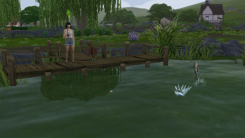 Kuva naispuolisesta simistä kalastamassa yhdestä uusista Sims 4 -lammista