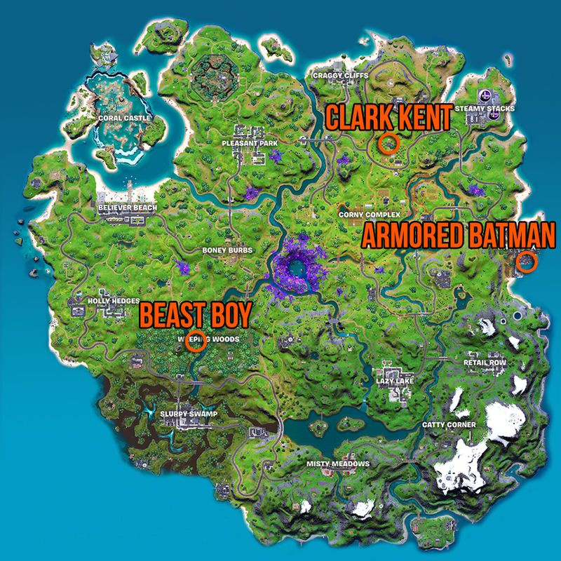Fortnite Superman Quests Posizioni corazzate di Batman e Beast Boy di Clark Kent